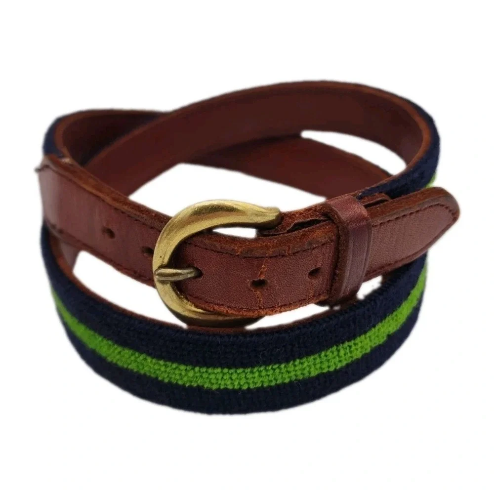 Brown Leather Belt Embroidered MJB Navy Green Stripes, Brass Buckle 36.5